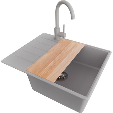 PRIMAGRAN Evier Cuisine en Granit 62x50cm, Lavabo 1 bac + Robinet 32x20cm + Kit de Vidage + Accessoire, Évier à Encastrer au meuble 50cm - Copenhague, Gris (1/5)