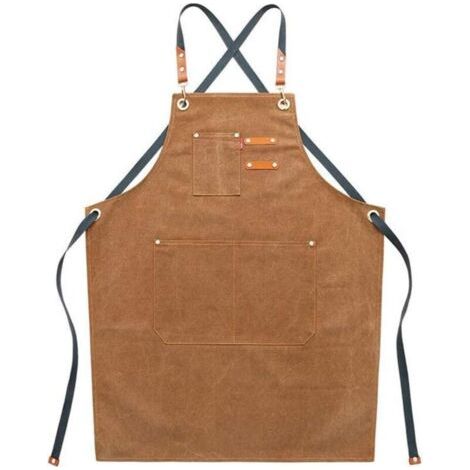 Tablier de travail en toile pour homme avec poches, sangle réglable et grandes poches, tablier de cuisine - Marron (1/3)