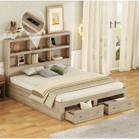 Letto matrimoniale 160x200 cm in legno naturale con contenitore, senza materasso FloraGrace (1/5)