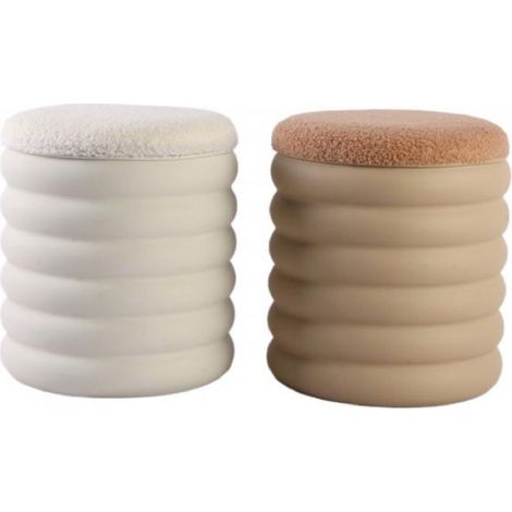 Lot de 2 Poufs Coffres avec Assise Teddy - D33 x H38 cm - Beige et Blanc - Livraison gratuite (1/2)