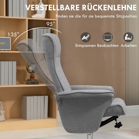 Fauteuil relaxant pivotant avec repose-jambes, dossier inclinable, charge max 150 kg, dimensions 69x71x104 cm, gris (1/4)