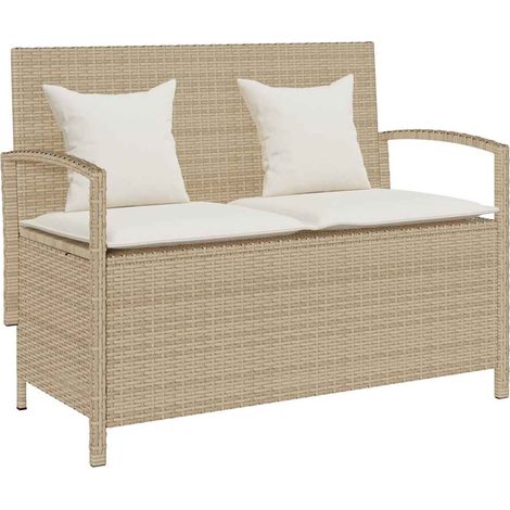 Gartenbank mit Stauraum und Kissen Beige Poly Rattan