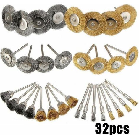 Ensemble de 32 brosses de polissage en laiton pour outils de perçage, en fil d'acier inoxydable, brosses rotatives pour le perçage des métaux (1/3)