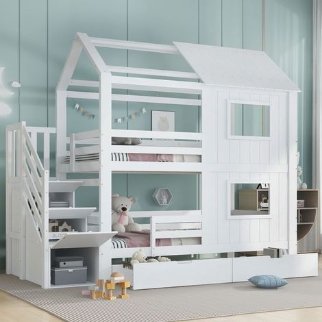 Lit superposé enfant - KOMHTOM - 90x200 cm blanc - Escalier rangement - Tiroir à roulettes - Lattes inclus (1/5)