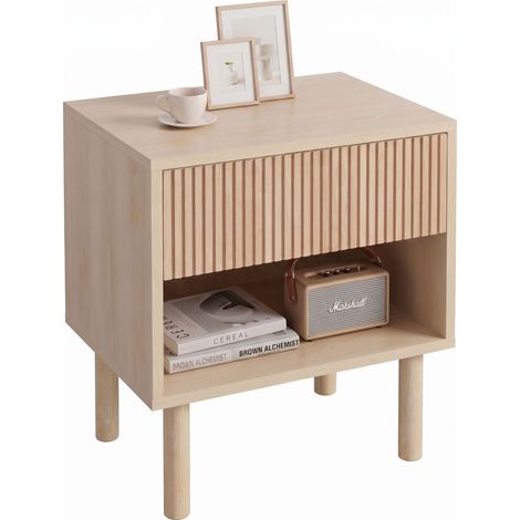 HOMCOM mesita de noche, mesilla de noche con cajón, estante abierto, estilo moderno, mesa auxiliar para dormitorio, salón, 47x47x50 cm, madera natural (1/5)