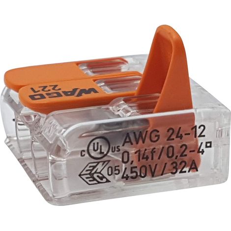 Lot de 10 bornes de connexion 221-413, 3 fils avec levier, 0,2-4 mm², petit modèle, transparentes (1/5)