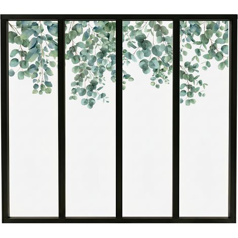 Verrière atelier intérieure aluminium noir 4 vitrages 135 x 117 cm - Décor végétal - Eucalyptus in Rain - vert et transparent - Verre trempé (1/5)