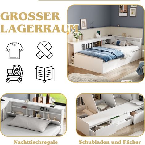 Lit enfant 90x200cm, lit simple multifonction avec tiroirs, étagère à livres et armoire de rangement, coffre de lit spacieux, sans matelas, blanc. (1/5)