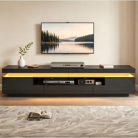 Meuble TV de salon 175 x 38 x 45 cm, 2 rangements en L, 1 tiroir, LED, noir (1/5)