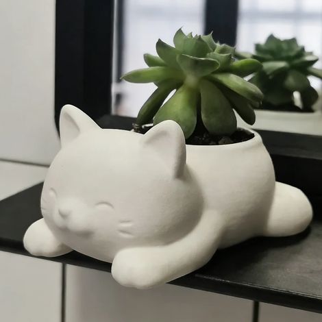 (Gris clair) Pot de fleurs chat couché (1 pièce), décoration de table pour salon ou entrée, jardinière familiale créative pour plantes succulentes (1/4)