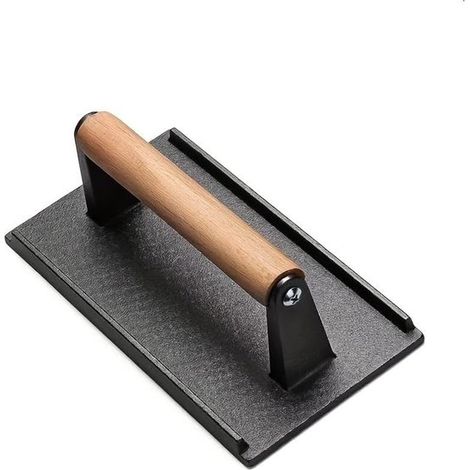 Prensa para parrilla de hierro fundido con mango de madera, prensa robusta para filetes y hamburguesas, color negro (1/2)