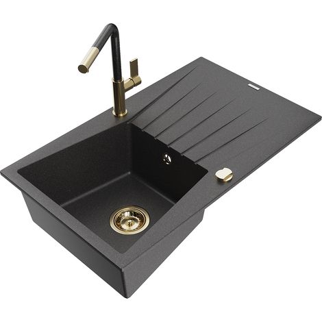 Mexen Cesar fregadero de granito de 1 compartimento con escurridor y grifo de cocina Flora, negro moteado - 6514-76-670401-75-G (1/5)