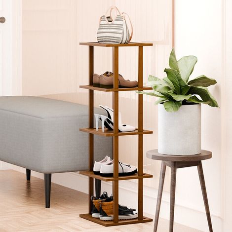 Étagère à chaussures verticale en bambou à cinq niveaux - Dimensions : 23 x 25 x 77 cm - Convient aux talons hauts et aux bottes - Marron (1/5)