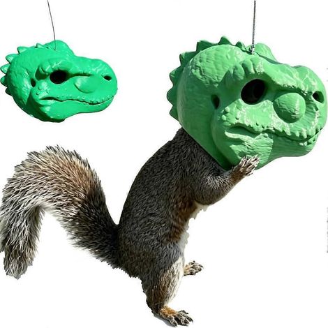 Mangeoire à écureuils suspendue en forme de tête de T-Rex boîte décorative verte pour extérieur terrasse jardin et cour (1/5)