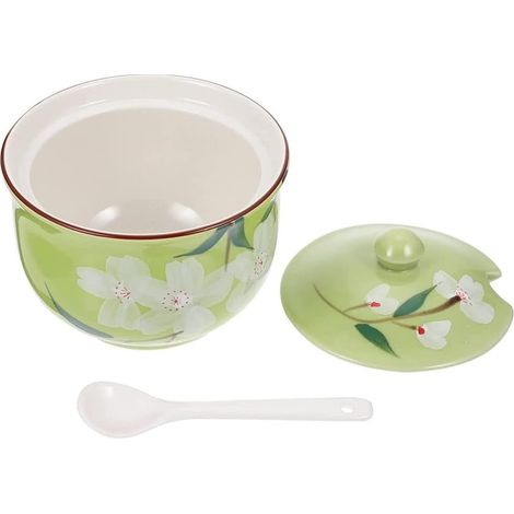 Pot à épices en céramique JeiibrZui - 300 ml - 1 pièce avec couvercle et cuillère - Motif floral orange pour la cuisine (1/5)