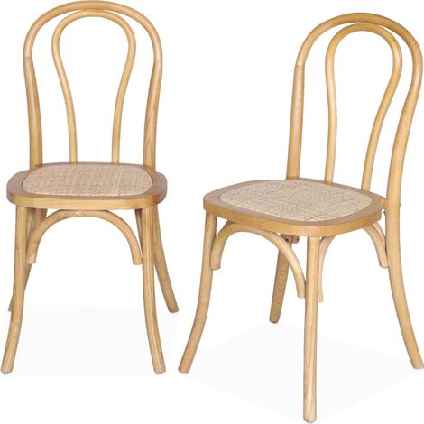Lot de deux chaises vintage en bois avec assise en rotin et dossier arrondi coloris naturel (1/5)