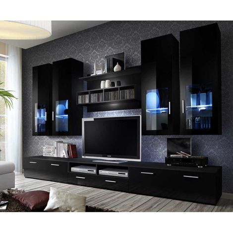 Meuble TV Mural Design "Lyra" 300cm Noir (1/5)