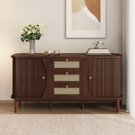 Commode en rotin 140.5x40x76cm, avec portes coulissantes, étagères réglables et trois tiroirs (1/5)