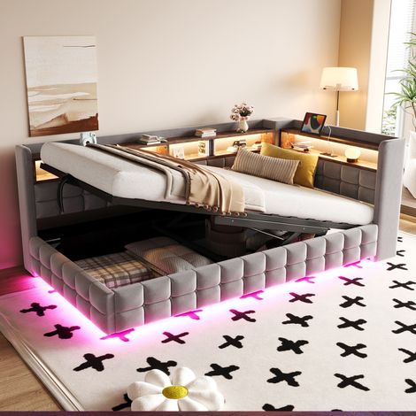 Modernluxe - Canapé-lit coffre capitonné 90 x 200 cm - avec LED et prise électrique - avec USB et Type-C - gris clair (sans matelas) (1/5)