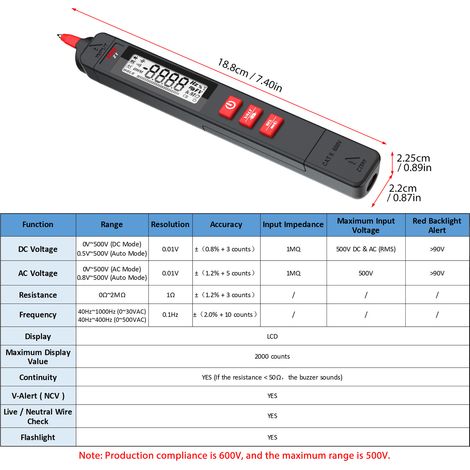 Multimetro digitale LCD, tester intelligente a penna, rilevatore di tensione, 2000 conteggi, frequenza CC/CA, resistenza, continuità, NCV, controllo filo sotto tensione, neutro. (1/5)
