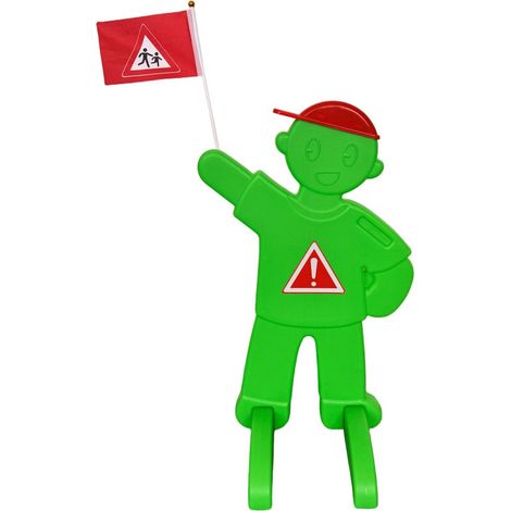 Relaxdays children's warning figure with flag, safety stand, road, HWD: 84x52x46 cm, reflective sign, green (1/5)