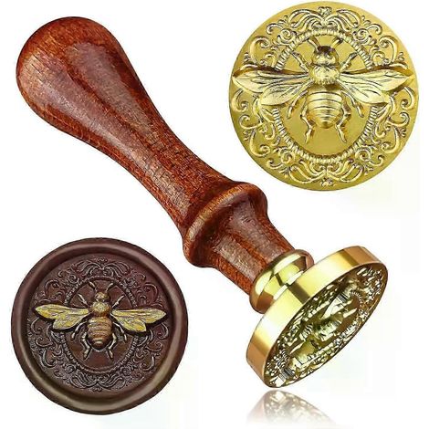 Tampon à cire abeille 3D avec manche en bois, motif insectes en relief, amovible, 1 tête en laiton, compatible avec les mariages. (1/5)