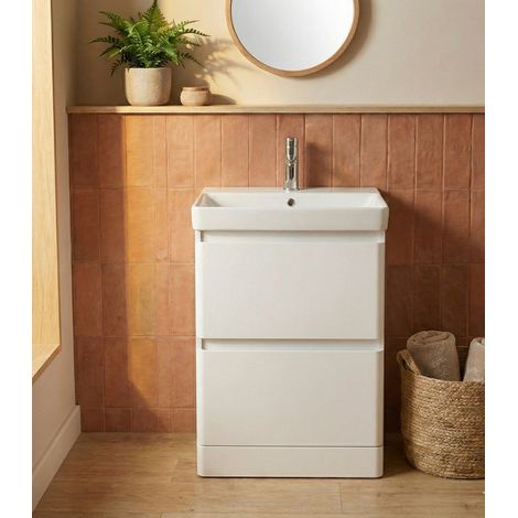 Meuble sous‑vasque BORA 60 cm À poser, Meuble de salle de bain au sol laqué Blanc Brillant, plan en résine, 2 tiroirs amortis, poignées intégrées, meuble lavabo salle de bain (1/5)