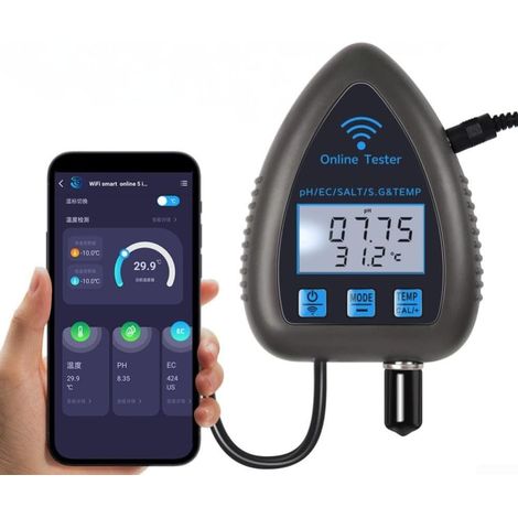 Testeur de qualité de l'eau WiFi intelligent, pour application Tuya Télécommande Moniteur PH 5 en 1 pour pH, salinité, gravité spécifique, température, avec alertes en temps réel (WF9953) (1/5)