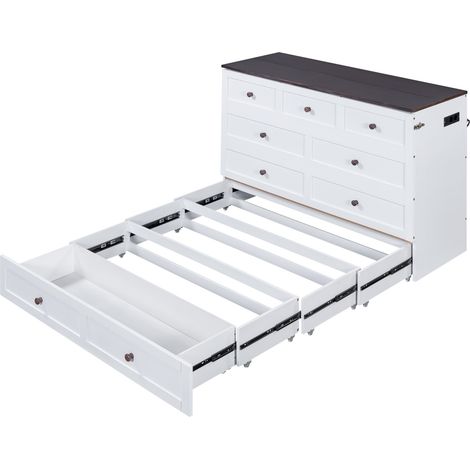 Cama armario plegable 140 x 200 blanca con cajón, estante, USB y enchufe, sin colchón (1/5)