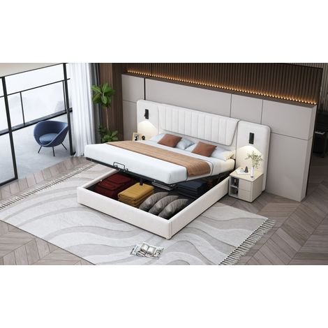 Lit double 180x200cm en velours beige, tête de lit surélevée, lampe de lecture orientable, port USB intégré, coffre de rangement hydraulique, sommier à lattes inclus (1/5)