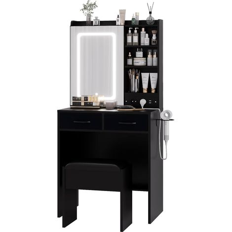 Coiffeuse avec Miroir Lumineux LED, Station De Charge, Tabouret De Rangement Rembourré, 3 Modes d'éclairage Et Nombreux Rangements pour La Chambre.Noir (1/5)