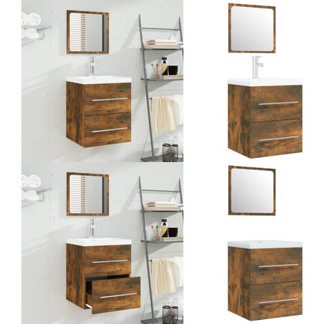 Meuble lavabo avec bassin intégré Chêne fumé Bois d'ingénierie - Armoire d'évier - Vasque encastrée (1/5)