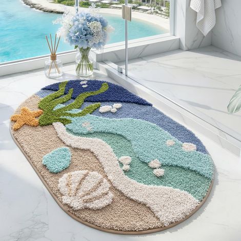 Tappetino antiscivolo per bagno, 60x90 cm, forma ovale, altamente assorbente, lavabile, con motivo spiaggia e stelle marine. (1/3)