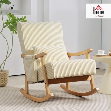 Silla Mecedora de Pana con Cojín Lumbar Patas y Reposabrazos de Madera de Caucho Bolsillo Estilo Moderno Beige (1/5)