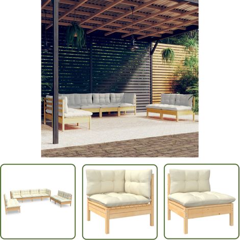 The Living Store 8-tlg. Garten-Lounge-Set mit Creme Kissen Massivholz Kiefer - Gartensessel - Lounge Set - Gartenmöbel - Outdoor Möbel - Rattan Sessel (1/5)