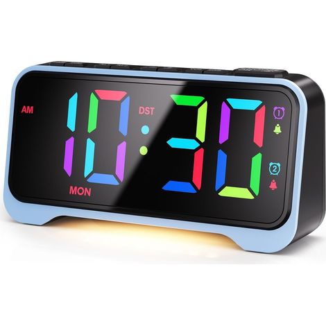 Reveil Lumineux LED, Réveil Numérique RGB, Reveil Enfant avec Veilleuse, Dimmable Alarm Clock, Double Alarme, 12/24H, DST, 9 Min Fonction Snooze, Port de Charge USB et Type-C, Bleu (1/5)