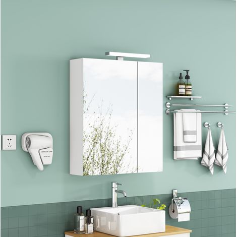 Armario espejo de baño blanco 60 cm con LED, enchufe y estantes de vidrio ajustables, MDF (1/5)