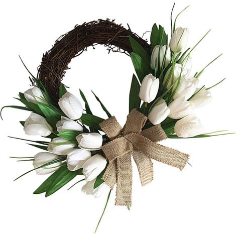 Couronne de printemps pour porte d'entrée, couronne de tulipes, fleurs artificielles, guirlande de feuilles, décoration florale murale pour fenêtre-AquaForge (1/5)
