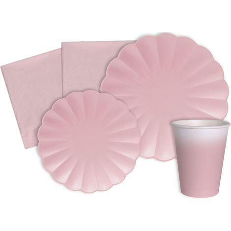 Kit Party Tavola Flower Shape per 8 persone (44 pezzi: 8 piatti Ø23cm, 8 piatti Ø18cm, 8 bicchieri 200ml, 20 tovaglioli 33x33cm) in carta compostabile eco-friendly, rosa pastello (1/5)