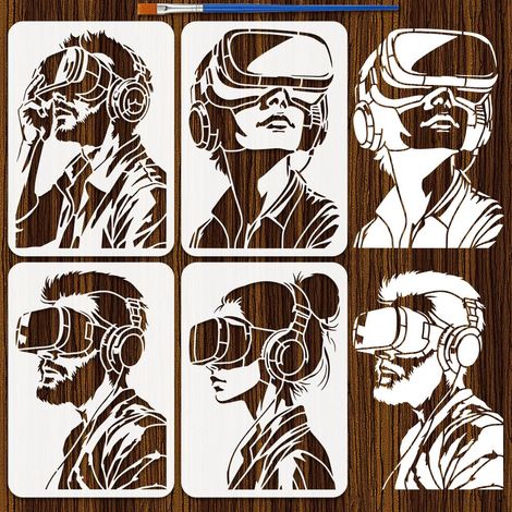 4Pcs Pochoirs Motif Réalité Virtuelle Avec Pinceau 21x29.7cm Pochoirs Personnes Portant Casques Vr Modèle de Dessin Thème Humain pour Peinture sur Bois Mur Meuble DIY Décor Intérieure (1/5)