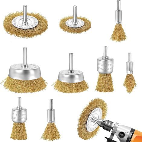 Lot de 9 Brosse Metallique pour Perceuse, Brosse Laiton pour Perceuse Queue de 6 mm, Brosses Meuleuse, Visseuse Perceuse à Pour nettoyer le métal/le bois/la peinture/le brossage de surface (1/5)