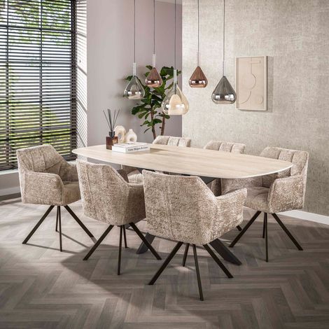 Table repas 215 cm effet travertin + 6 fauteuils tissu texturé sable (1/5)
