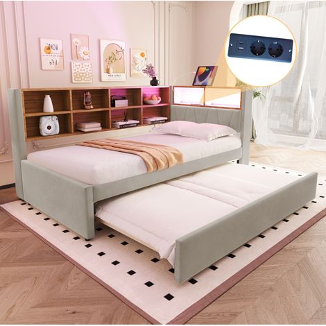 lit gigogne 90 x 200cm rembourré Canapé lit avec LED ports USB Type C,compartiments de rangement,tissu flanelle gris clair (1/5)