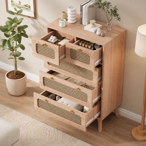 Commode à 5 tiroirs 60×34×91cm, meuble de rangement en rotin, anti-basculement, armoire de rangement, grande capacité, boutons en métal, style moderne, pour chambres et salons, Couleur bois naturel (1/5)