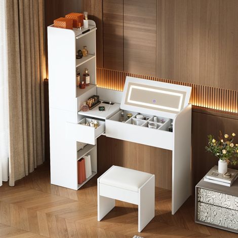 Schminktisch 131x40x160 cm mit LED Spiegel, USB Ladefunktion, Stauraumschrank, Holzwerkstoff, Weiß (1/5)