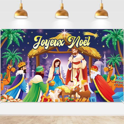 Décoration Crèche de Noël Joyeux Bannière en Tissu de Fond pour Intérieur Extérieure, Décoration Noël Joyeux en Français, Bannière Personnage Creche de Noel Chrétien, 185 x 110 cm (1/5)