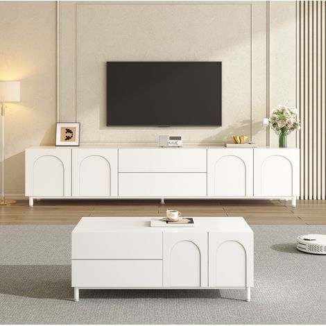 Mobile TV e tavolino da caffè, 180x40x48 cm + 100x50x39,5 cm, con vani portaoggetti, struttura in MDF e pannelli, colore bianco. (1/5)