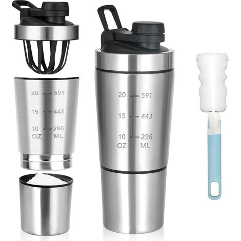 Protein-Shaker aus Edelstahl, 600+200 ml, Fitness-Protein-Shaker mit Pulverfach, Sport-Fitness-Shaker, für Protein-, Diät- und Sportgetränke (1/5)