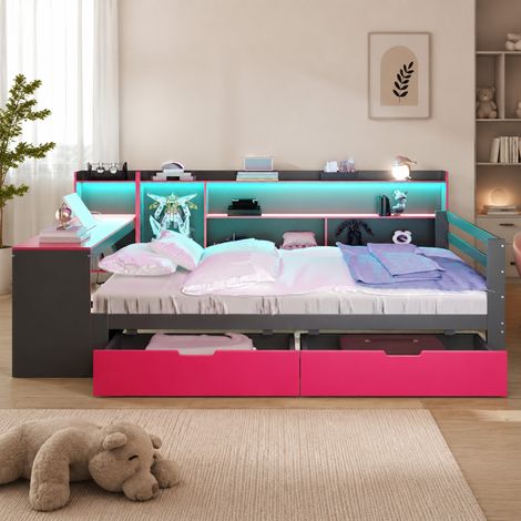 Multifunktionsbett 140x200 cm schwarz-rot aus Holz mit Schreibtisch, Regalen, Schubladen, LED und Steckdosen (1/5)