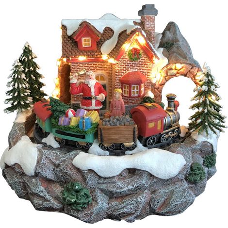 Carillon Natalizio Casa di Babbo Natale 24x23x18 cm in Resina con Luci Suoni e Movimento (1/2)